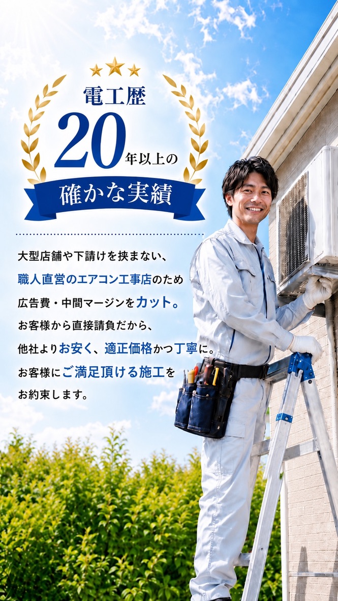 電工歴20年以上の確かな実績と職人直営の安心施工を案内するスマホ用ヒーロー画像